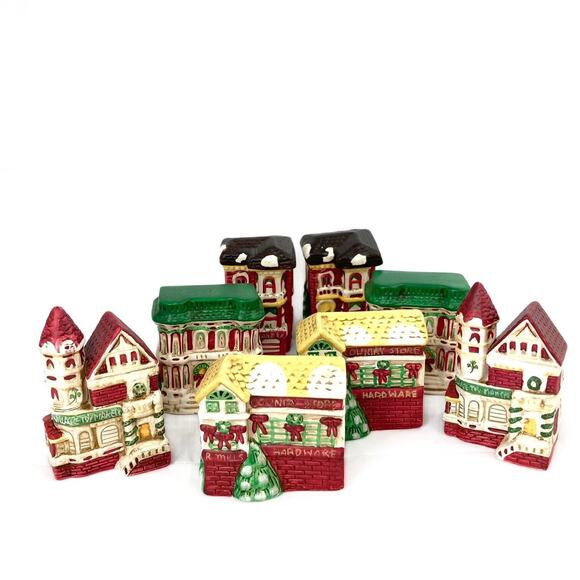 Vintage Christmas Village Ceramic Holiday Town Napkin Rings Two Sets of 4 rings - Picture 2 of 13